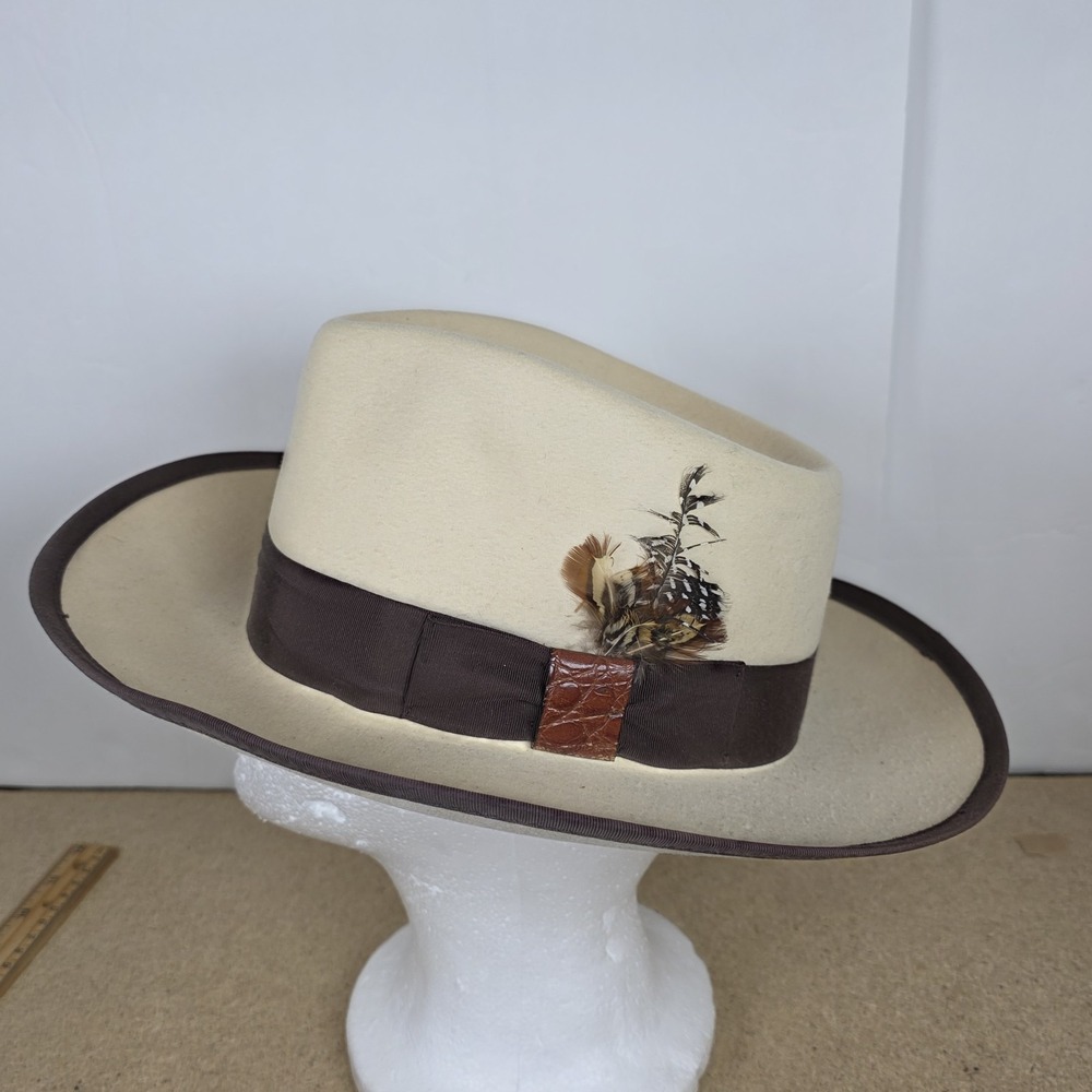 Vintage‎ Stacy Adams Hat Mens Medium Fitted Fedora Feather USA Made Brown